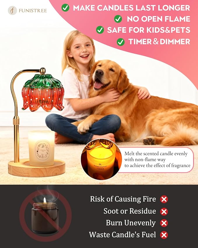 Funistree Strawberry Candle Warmer Lamp Height Adjustable, Lotus Strawberry Flower Lamp for Yankee Village Candles, Cute Candle Lamp with Timer & Dimmable, Birthday for Women Mom Adult
