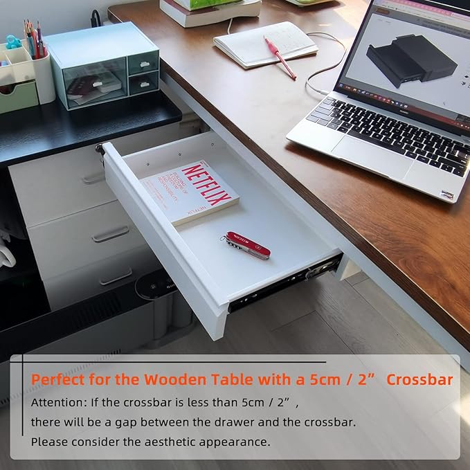 Under Desk Drawer 18", Pull-out Storage Organizer with Tall Brackets Mounted Under Wooden Table with a Max 2" Crossbar, White_Tall Version