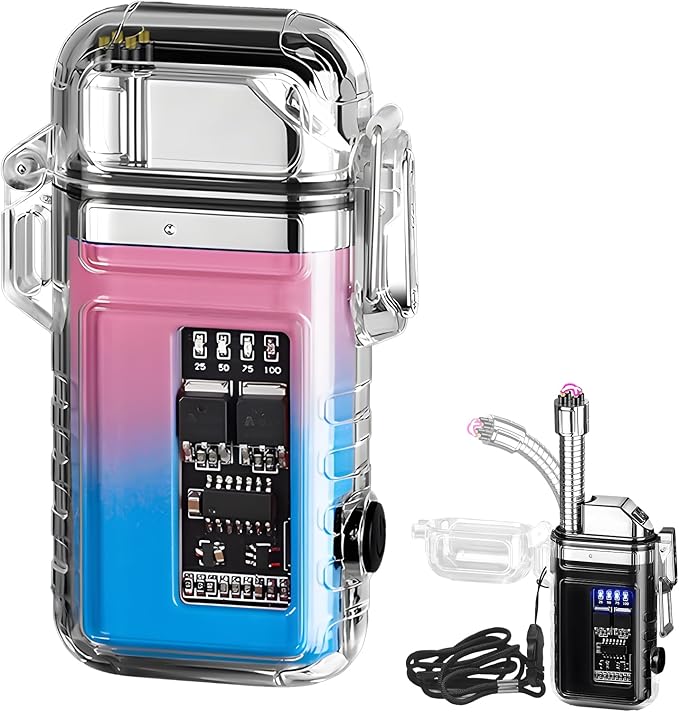 Electric Lighter with 360° Flexible Long Neck Plasma Lighters, LED Battery Display & Flashlight, USB Rechargeable Flameless Arc Windproof Lighters for Candle, Outdoor, Camping, Survival (Blue Pink)
