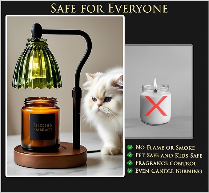 Green Candle Warmer Lamp with Timer - Wax Melt Warmer, Dimmable Electric Candle Lamp, Dark Academia Cottagecore Boho Decor, Adjustable Height, Genuine Wood Base, 2 Bulbs Included, Gift for Her