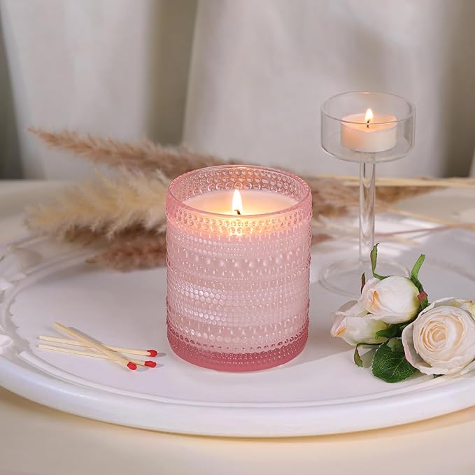 DARJEN 8 Pack Pink Candle Jars for Making Candles- 14 OZ Empty Glass Candle Making Jars with Bamboo Lids and Labels, Candle Containers Candle Making Supplies for DIY Gifts