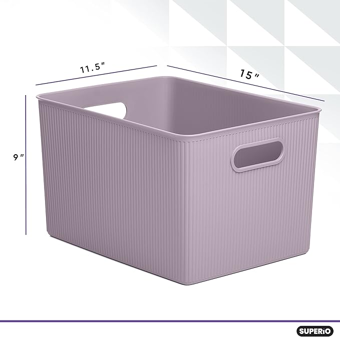 Superio Ribbed Collection - Decorative Plastic Basket Open Home Storage Bins Organizer, X-Large Lilac Purple (4 Pack) Container Boxes for Organizing Closet Storage Bins for Shelves 22 Liter/23 Quart