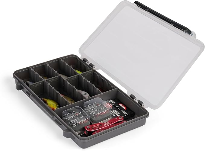 Plano StowAway 3700 50/50 Split Stow Tackle Box, 4-Pack, Corrosion-Preventive Rustricor, Single Latch Design, Transparent DuraView Lid, Stackable Storage for Fishing Bait, Lures and Gear