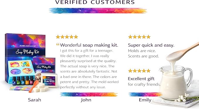 Soap Making Kit for Adults, Make Your Own Soap with Melt & Pour diy gentle soap supplies; 6 Essential Oils, Silicone Soap Mold, Spoon, Dried Flowers, 1.5lbs. Goats Milk Soap Base, 4 Colors, 9 Labels
