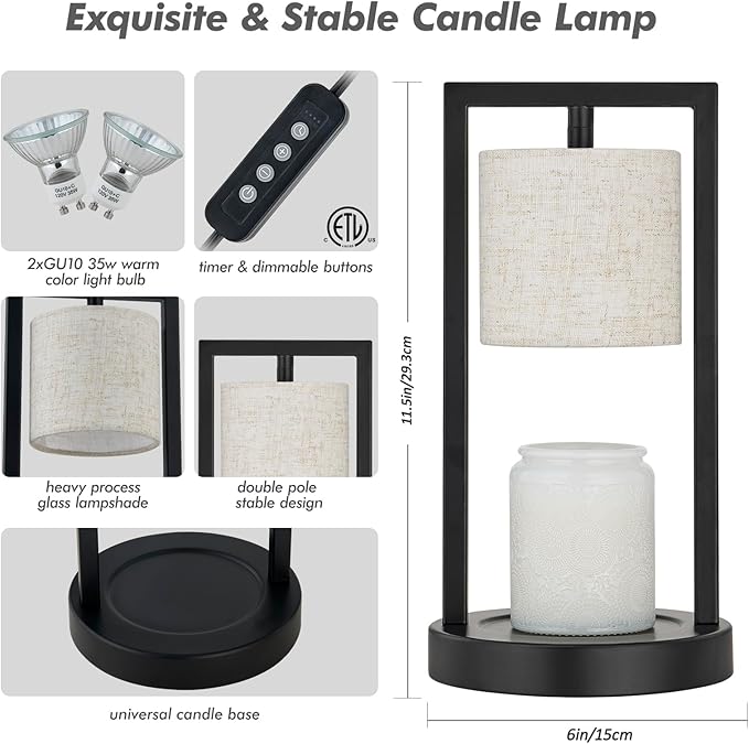 Candle Warmer Lamp with Timer, Black Candle Lamps Linen Fabric Shade, 3-Level Dimmable Candle Warming Wax Melt Warmer for Scented Wax, 50W Electric Warmer Lamp for Women Home Decor (2 Bulbs Included)