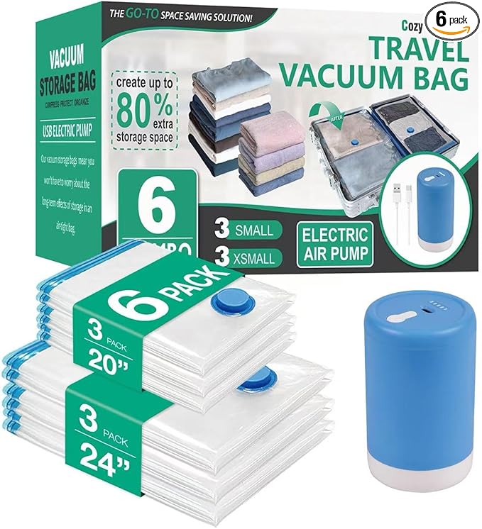 Cozy Essential Travel Vacuum Storage Bags with Rechargeable Cordless USB Pump, Space Saver Bags for Luggage, Suitcase, Carry-On, for Clothes, Blankets, Bedding & Seasonal Storage,6 Combo