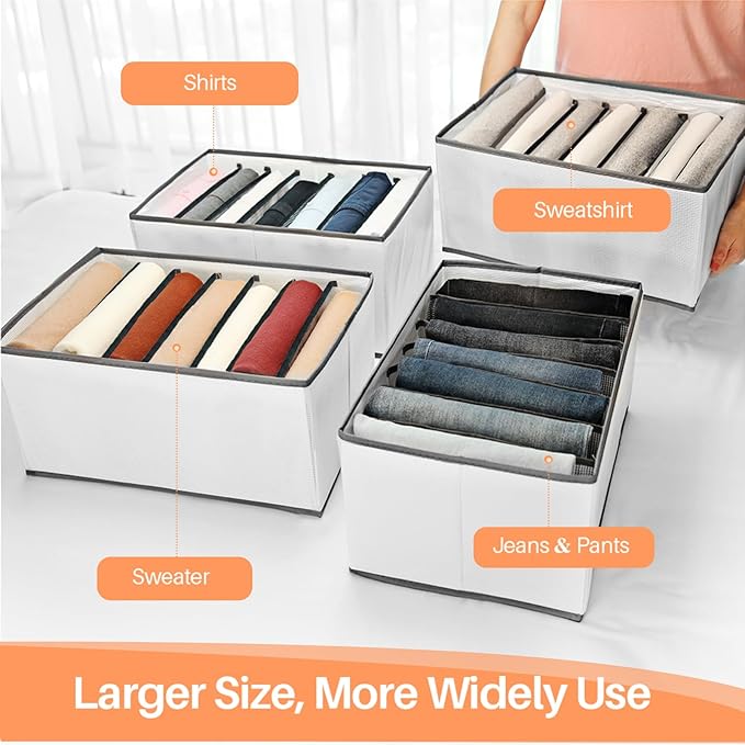 EASEVE 6 Pack Wardrobe Closet Organizer and Storage for Clothes - 7 Grids Foldable Drawer Dividers Organizers for Jeans | Pants | Shirts | Leggings, Stackable Clothing Bins for Closets Organization