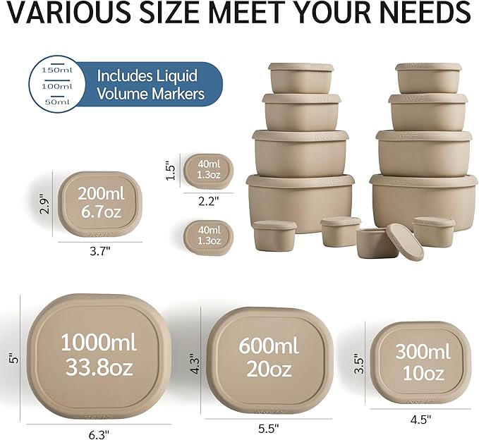 ISSEVE 12Pcs/Set Nesting Silicone Food Storage Containers with Lids, BPA Free Reusable Meal Prep Silicone Containers Airtight, Freezer Dishwasher Safe (33.8oz, 20oz, 10oz, 6.7oz, 1.3oz) (Beige)