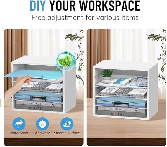 5-Tier Wood Desk Organizer, Paper Tray Organizer for Desk with Adjustable Storage Shelves, Desktop File Organization Paper Sorter Mail Holder for Office Home Classroom, White