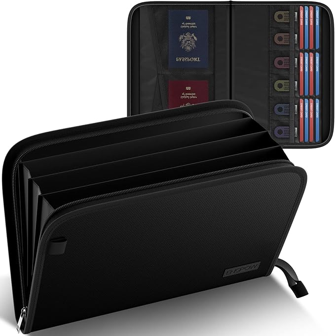 ENGPOW Expanding File Folder with Multi-Function Pockets,Fireproof File Organizer Accordion Document Organizer with Letter A4 Size Storage For Important Document,Money,Card,USB,Passport,4-Pocket,Black