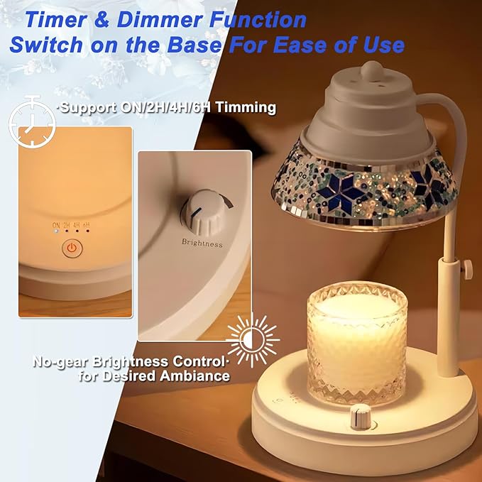 Electric Candle Warmer Lamp with Colorful Diamond Lampshade, Metal Wax Melting Lattern with Timer and Dimmer, Adjustable Height Candle Melting Lamp Home Decor (White)