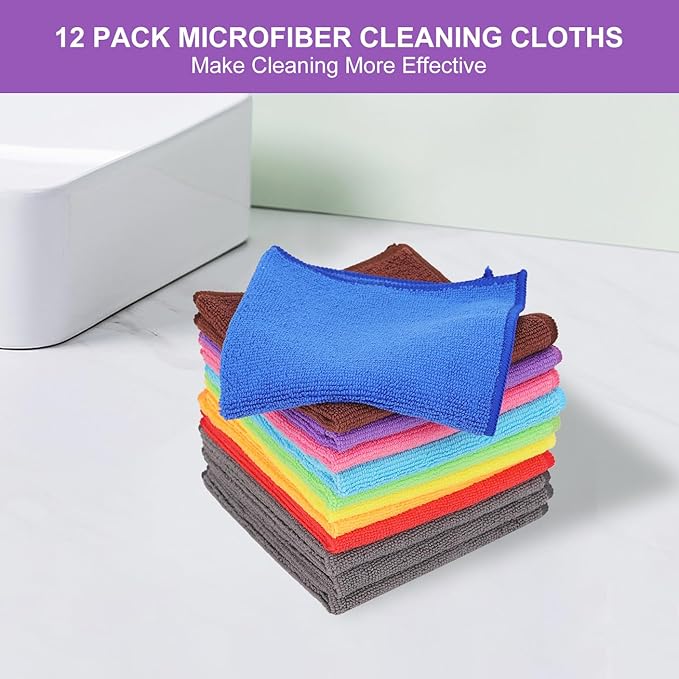 BeiLan Microfiber Cleaning Cloth: 12 Pack Cleaning Towels with 12 Color Assorted - 12"x12" All-Purpose Microfiber Clothes for Home/Kitchen/Car/Window/Glass