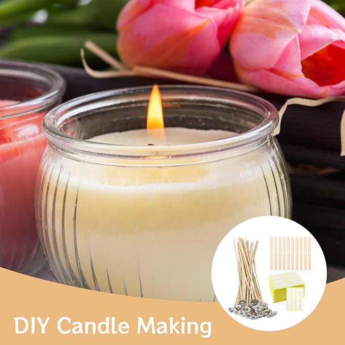 50 Pcs 8 Inch Natural Cotton Candle Wicks Kit, Pre-Waxed Wicks with 120 Wick Stickers & 10 Wooden Holders, for Soy Wax, Beeswax, Coconut Wax DIY Craft