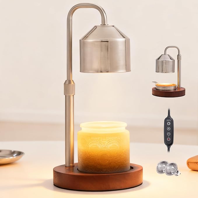 Candle Warmer Lamp with Timer Dimmable,Electroplated lampshade and Wooden Base,Height Adjustable Candle Warmer with 2 Bulbs,Gifts for Women Mom Bedroom Decor with Wax Tray
