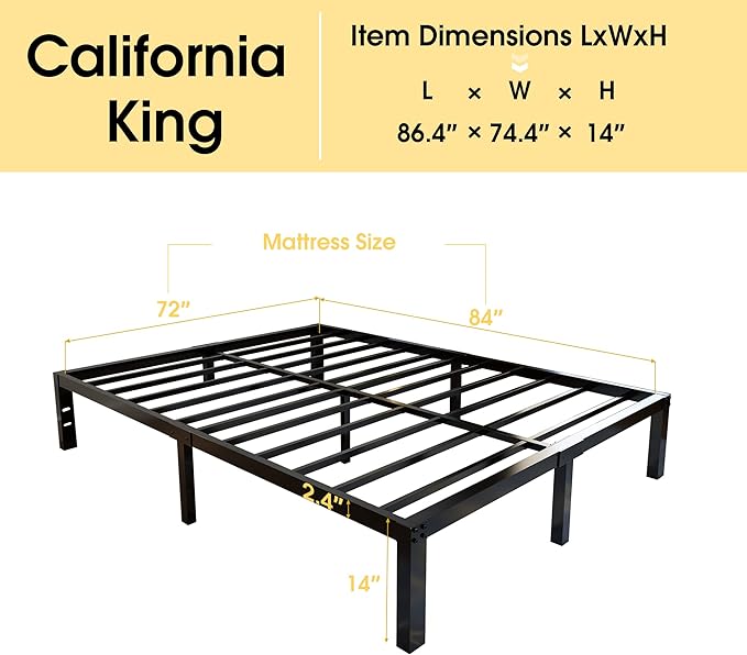 45MinST 3600lbs Heavy Duty Bed Frame,14 Inch Sturdy Steel Slat Mattress Foundation, Metal Reinforced Platform Box Spring Replacement, Easy Assembly with Quick Lock, Cal King