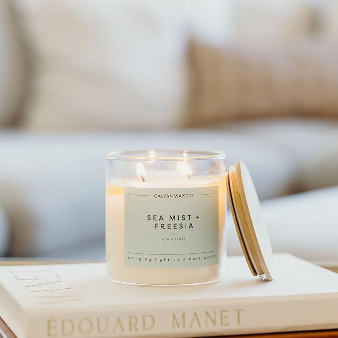 Calyan Wax Co. Sea Mist & Freesia 2 Wick Scented Candle - 37 Hour Burn - Luxury Non Toxic Soy Wax Candles - Long Lasting Large Glass Jar Candle for Home - 8.8oz