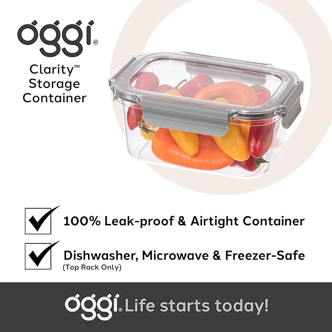 Oggi Clarity Leak-Proof Airtight Food Storage Container - Ultra clear, BPA free, Sealable Container with Lid, Ideal for kitchen storage, Kitchen Organization, Perfect Meal Prep Containers. 42oz/1.2lt