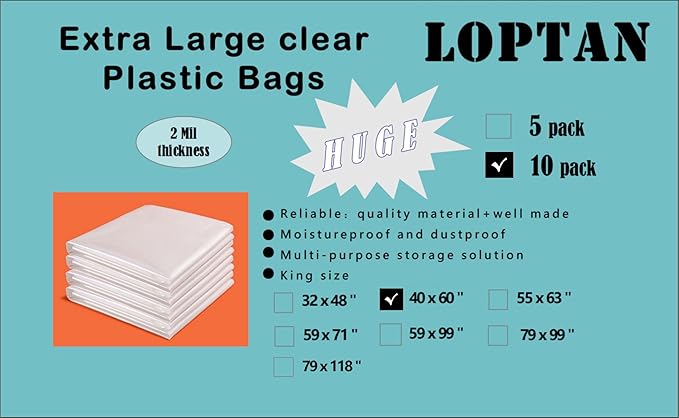 40x60 Inches Clear Giant Storage Bags Clear Appliance Storage Bags Perfect for Moistureproof, Dustproof, Luggage, Suitcase, Big Toys, Moving and More (10 pack)