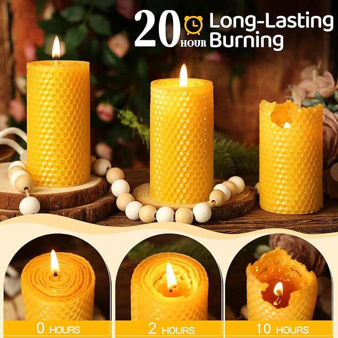 6 Pack Natural Beeswax Pillar Candles,Handmade Pure Beeswax Rolled Candles-120 Hours Long Burning,Honeycomb Bees Wax Candle for Home, Prayer,Dripless Smokeless Unscented Pillar Candle 2x4in