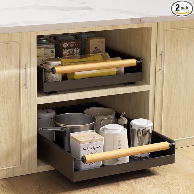 2 Pack Pull Out Cabinet Organizer, 15.3'' Deep Expandable Slide Out Cabinet Organizer Fixed with Adhesive Nano Film, Slide Out Drawers Pull Out Tray for Cabinet in Kitchen, Pantry, Bathroom, Black
