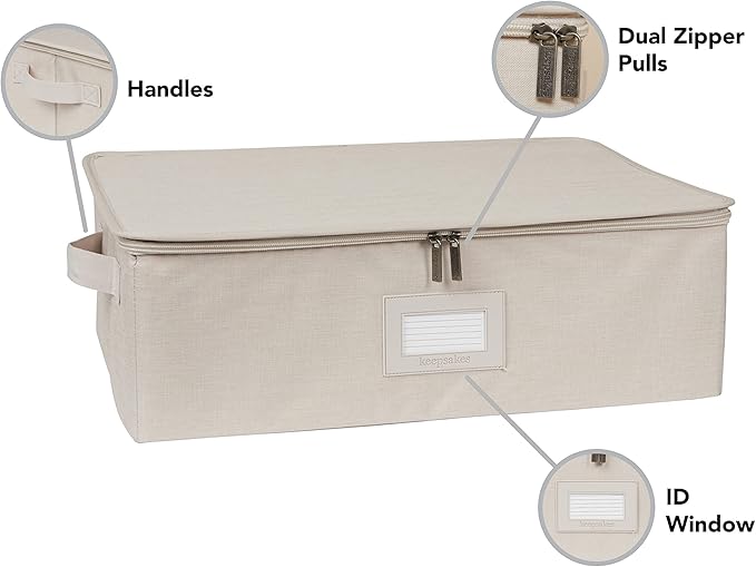 Covermates Keepsakes Zip-Top Storage Box Set, 3 Pack Heavy Duty Polyester Organizer Bins, Stackable Design, ID Window, Reinforced Handles, Closet Home Storage, Beige Heather