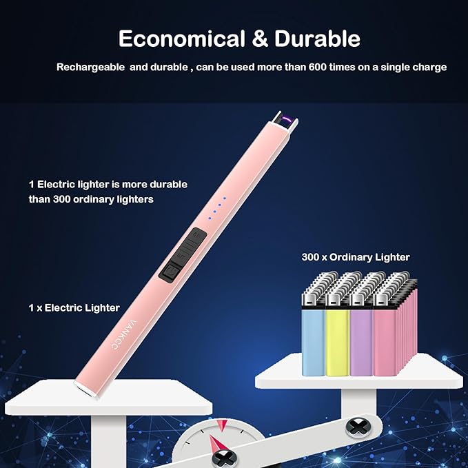 Electric Candle Lighter Plasma Arc Lighters Long USB Rechargeable Lighters Windproof Flameless with Double Safety Lock for Candle BBQ Camping (Rose Gold)