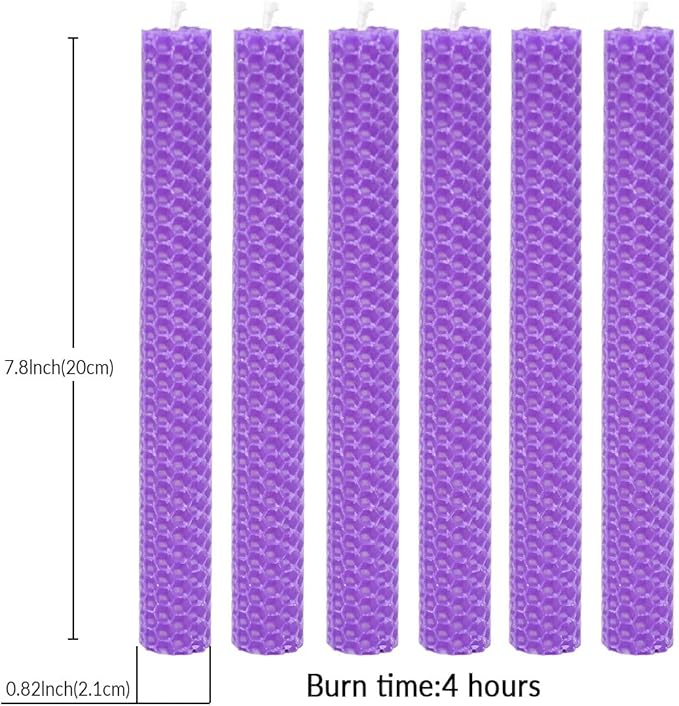DEYBBY Natural Beeswax Taper Candles, Hand-Rolled Beeswax Candles Honeycomb Design, Dripless and Smokeless,Set of 6 (Purple)