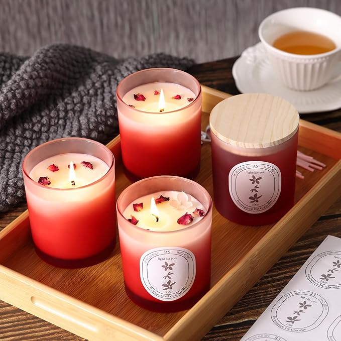 REISEN 12Pcs Gradient Red Candle Jars for Making Candles, 10oz Glass Jars with Bamboo Lids, Candle Wick Kit and Sticky Warning Labels, Candle Containers Vessels for DIY Gifts