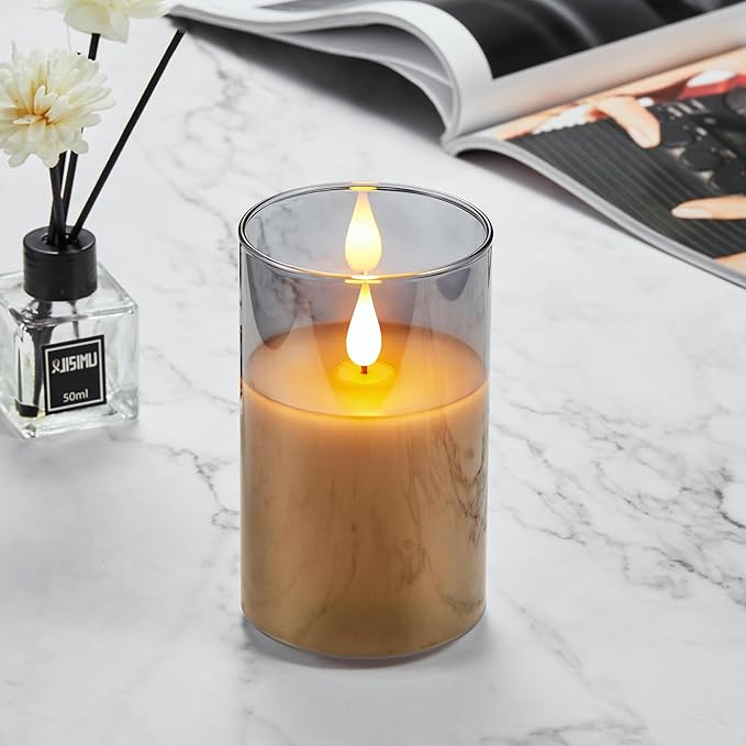 Flickering Flameless Candles, Rechargeable Battery Operated Candles with 3D Wick, Last 1000+ Hours LED Candle with Remote and Timer, Real Wax Candle, Grey Glass for Home, Christmas 3" x 4"