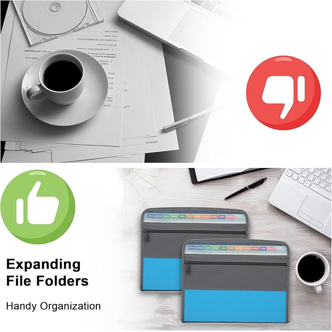 NAFY Expanding File Folders, 2Pack, 13 Pockets, A4 Letter Size, Portable Accordion, Zipper, Multicolor Labels, Office School Supplies, Black+Blue