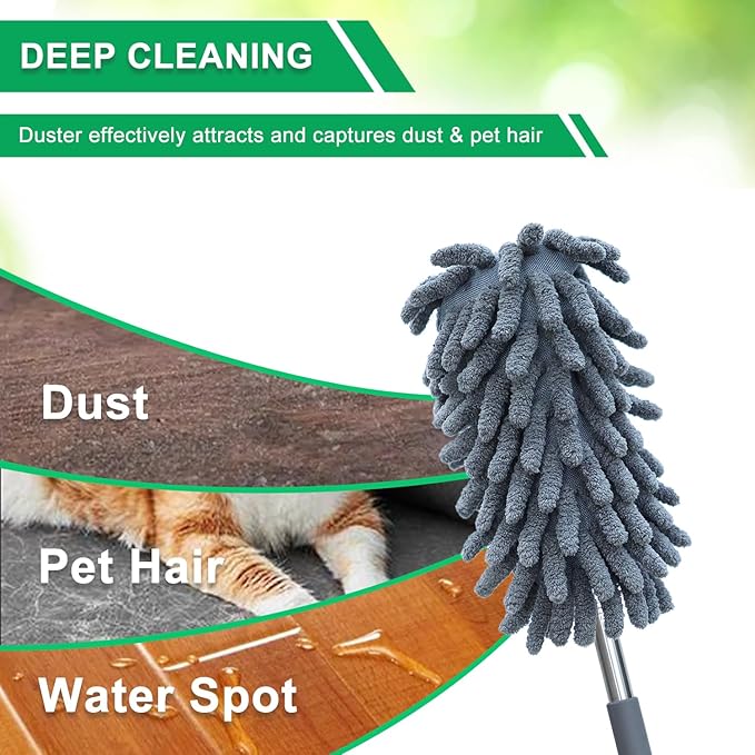 2 Pack Microfiber Duster for Cleaning, Washable Dusters, Extendable Pole, Up to 30 Inch Reachable, Wet and Dry Use Cleaning Tools for Car, Ceiling Fan, Window, Furniture, Office