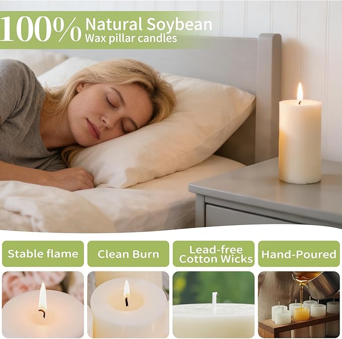 6 Pack Soy White Pillar Candles,Natural Soybean Pillar Candles,540 H Long Lasting Burning-Unscented,Dripless and Smokeless Rustic White Hand-Poured Candles Dinner Table,for Wedding,Home Decor 2.8x6in