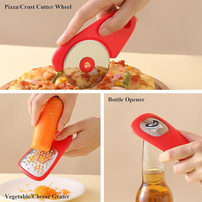 Kitchen Gadgets Set 6 Pieces, Space Saving Cooking Tools Kitchen Accessories-Garlic/Ginger Grinder, Cheese Grater, Vegetable/Fruit Peeler, Pizza Cutter, Herb Stripper, Bottle Opener, Gadgets Gift Set