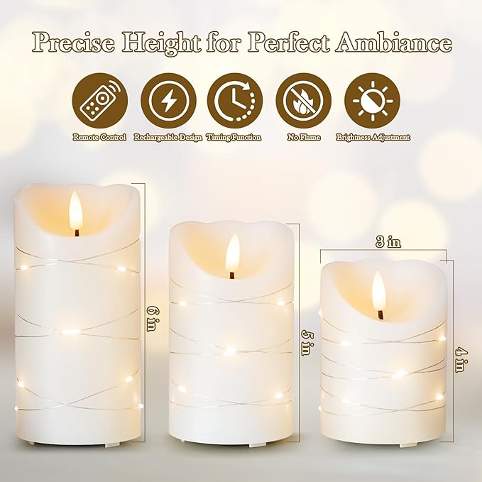 Rechargeable Flameless LED Candles,Flickering Candles with Remote Control & Timer Embedded Fairy String Lights,Real Wax,4" 5" 6" Set of 3 for Valentine's Day,Table Centerpiece Decorations,Home Decor