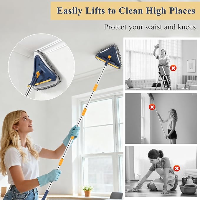 5 in 1 Wall Cleaner Mop, 78 Inch Base Board Cleaner Tool with Long Handle, 360° Wall Washing Tool for Ceiling, Floor and Window Cleaning with 3 Microfiber & 3 Chenille Pads