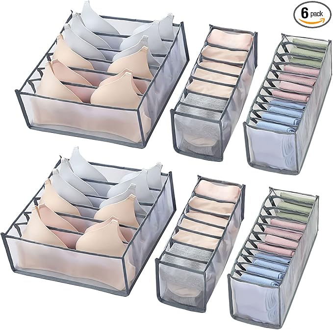 6 Pcs Underwear Drawer Organizer, Foldable Underwear Storage Divider Boxes 6/7/11 Cell Closet Clothing Organizers for Bras Panties Ties Socks Scarves Clothes