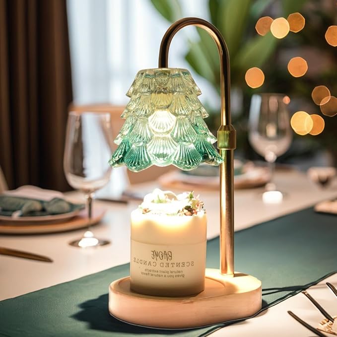 Chritsmas Tree Lampshape Candle Warmer Lamp with Adjustable Height, Aroma Candle Warmer with Timer and Dimmer, Wooden Base Glass Wax Warming Lamp, Women's Gifts (Tree Green)