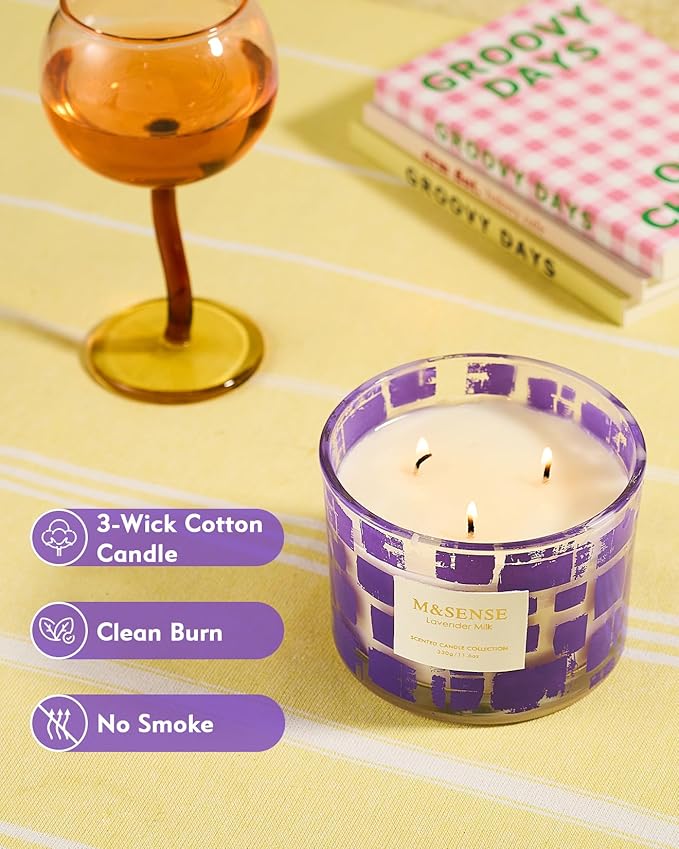 M&SENSE 3 Wick Lavender Milk Scented Candle,11.6oz Natural Soy Wax Non Toxic for Home, Up to 60 Hours Burn time,Fall Decorations for Home,Stress Relief Candles for Women/Men