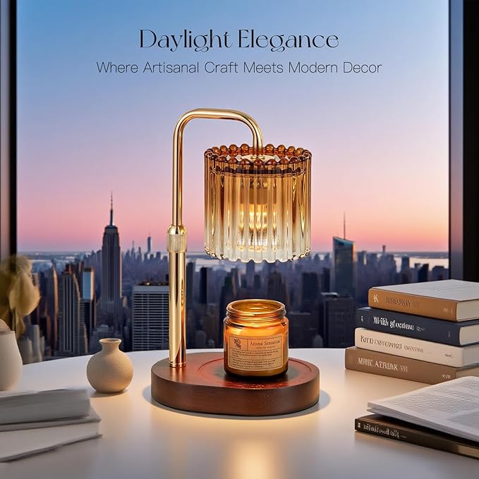 Candeldo Candle Warmer Lamp with Timer: Amber Candle Warming Lamp with 2 Bulbs Height Adjustable Wax Melt Dimmable Bedroom Decor for Women