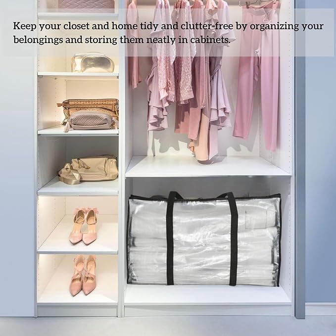 2 Pack Extra Large Clear Moving Bags with Zippers – Heavy Duty Storage Bags with U-Shaped Handles, Tag Pocket & Side Grips – Ideal for Clothes, Bedding, Dorm, Closet, Garage Organization