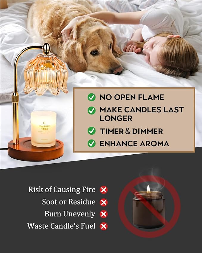 Candle Warmer Lamp with Timer Dimmable, Height Adjustable, Birthday Gifts for Women Mom, Suitable for New Home Decoration, Anniversary Lotus Flower Candle lamp, with 2 Bulbs, Suitable for Jar Candles