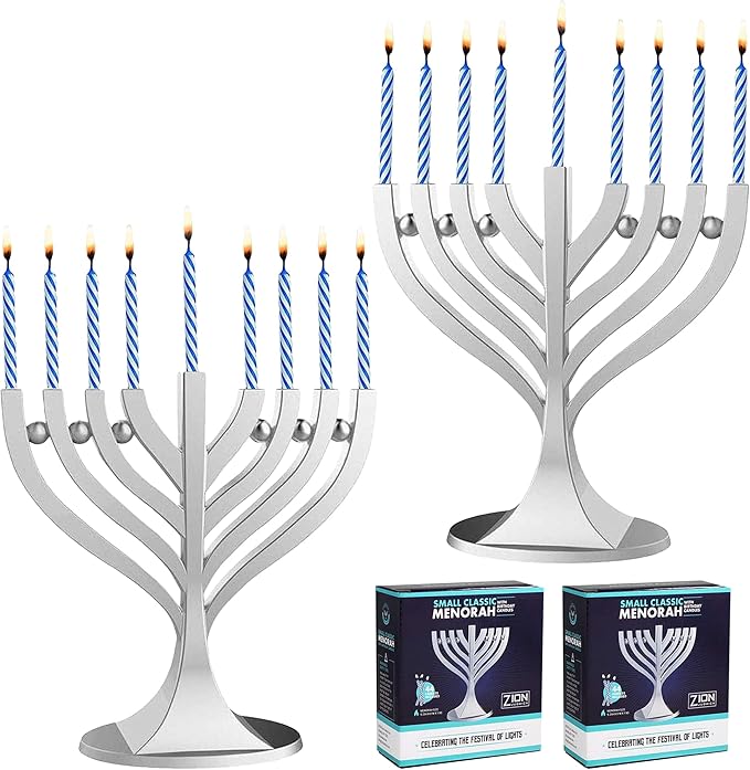 Zion Judaica Mini Silver Menorah with 44 Birthday Candles Small Travel Minorah w/Chanukah Candles On-The-Go Hanukkiah Menora Compact Hanukkah Candle Holder Menorahs Hanukkah Gift Multi Menorot 2 Pack