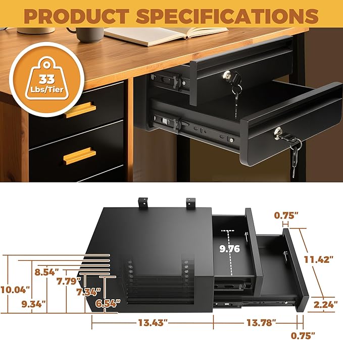 14.17" D Double Under Desk Drawer,Under Desk Pull out Storage Organizer with Lock and Keys,Adjustable Height, Metal Storage Drawer with Slide Extension Mounted Under Flat Wooden Table or Workbench