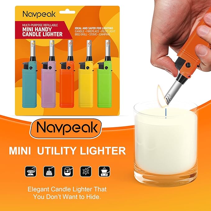 Navpeak Mini Candle Lighter Multipurpose Lighter Utility Lighters with Extended Wand Handy Refillable for Kitchen Fireplace Pilot Light DIY BBQ Grill Stove 5 Pack (Butane Included)