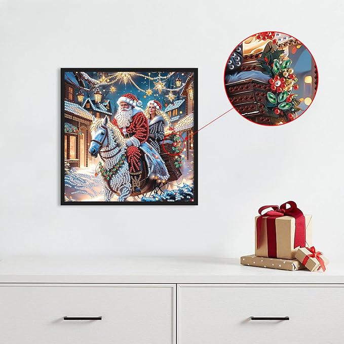 5D Special Shape Christmas Diamond Painting Kits for Adults, Santa Claus and Companion Riding Through Dreamy Fairytale Town, Crystal Rhinestones Diamond Art Canvas for Home Wall Decor Gift, 12×12 Inch