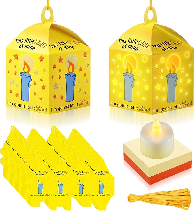 Simgoing 24 Sets Religious Candle Lantern Crafts with LED Candle Light Tissue Paper Light of Mine Lanterns Craft Kits DIY Vbs Christ Suncatchers Lanterns Hanging for Sunday School Christian Decoration