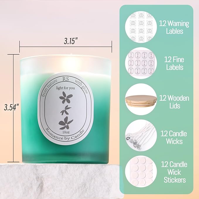 REISEN 12Pcs Gradient Green Candle Jars for Making Candles, 10oz Glass Jars with Bamboo Lids, Candle Wick Kit and Sticky Warning Labels, Candle Containers Vessels for DIY Gifts