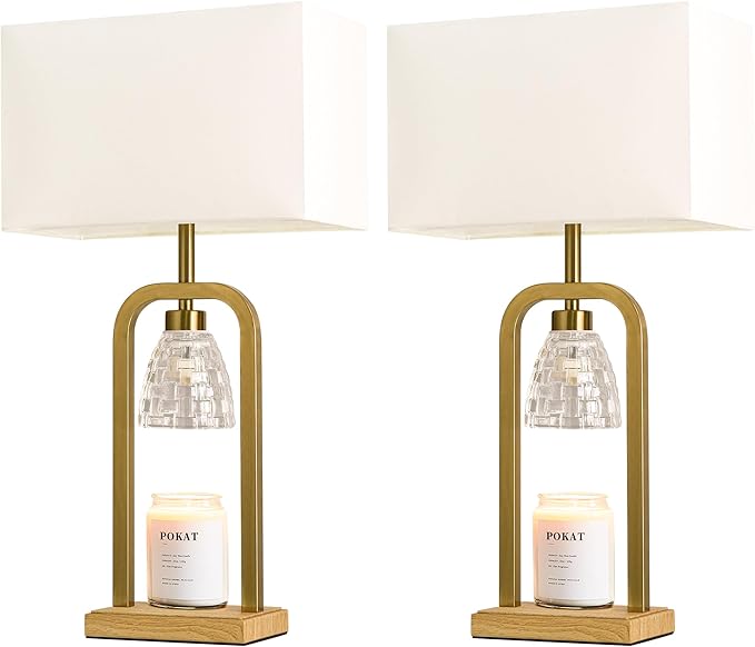 PoKat Electric Candle Warmer Lamps Gold, Lamp Candle Warmers with Timer Dimmer, Wax Light Warming Table Lamps Set of 2 for Jar Candles, Modern Bedside Lamp for Home Decor Living Room, Bulb Included