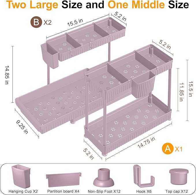 3 Pack Multi-Purpose Under Sink Organizers and Storage, 2026 L-Shaped Pull Out Cabinet Organizer for Bathroom & Kitchen, Under Cabinet Organizer with Hooks Hanging Cup (Pink, 14.85 inch)
