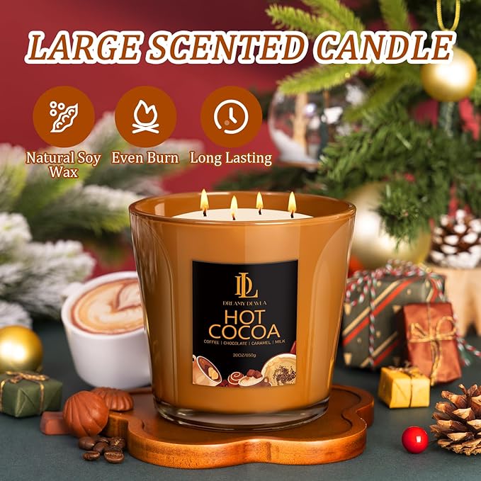Large Candle Hot Cocoa Scented, 4 Wick Natural Soy Candles for Home Scented, 30oz Big Holiday Candle Long Lasting, Home Kitchen Scent Candles Housewarming Gifts for Women Men